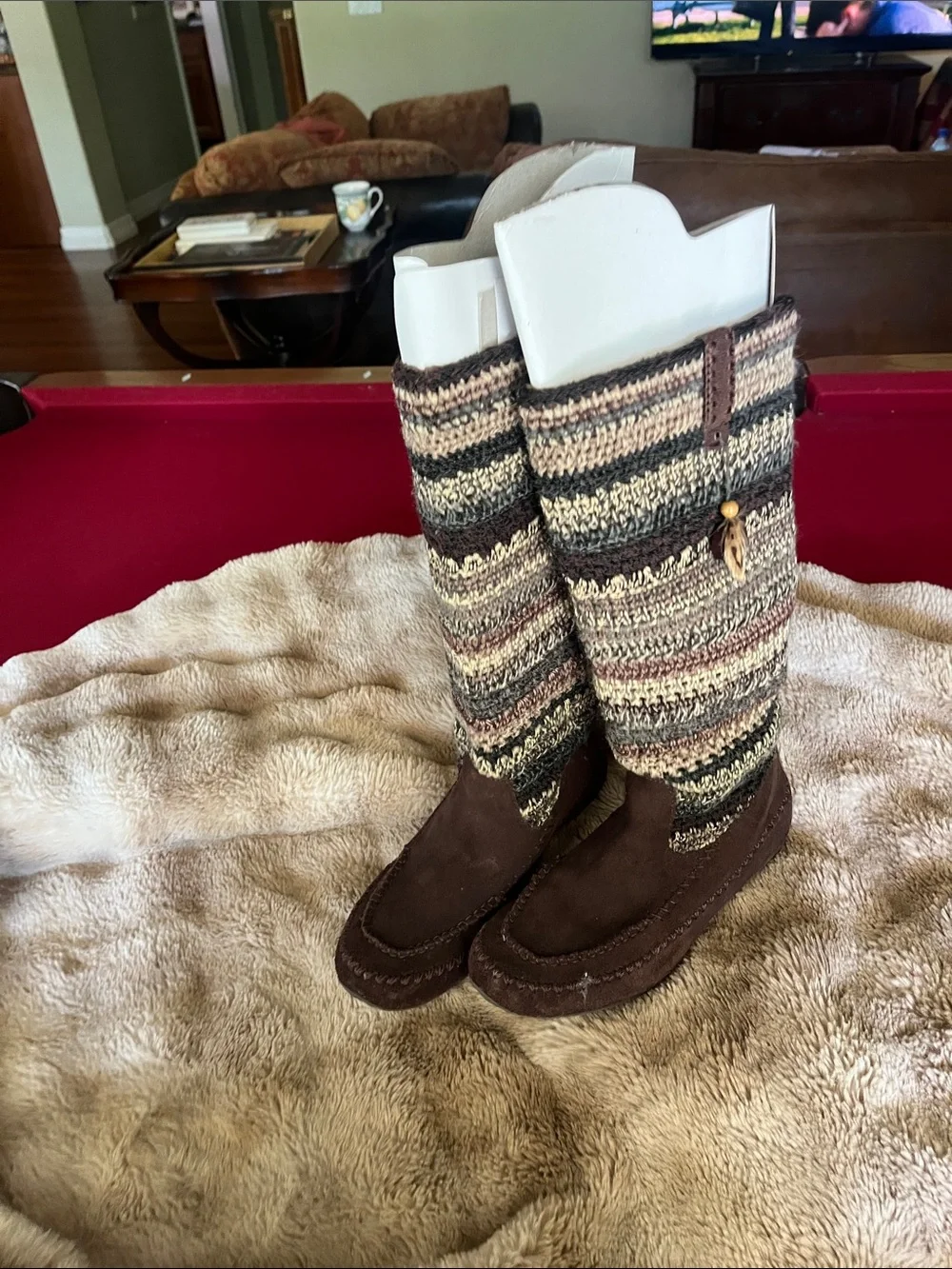 The Sak Brown Suede and Multicolor Striped Knit Tall Boots